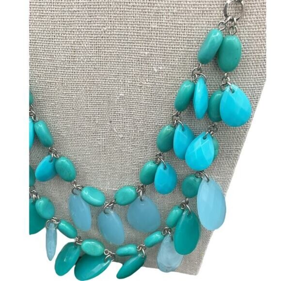 Layered Teardrop Stone Necklace With Silver Tone Chain Turquoise Accents - Picture 8 of 9